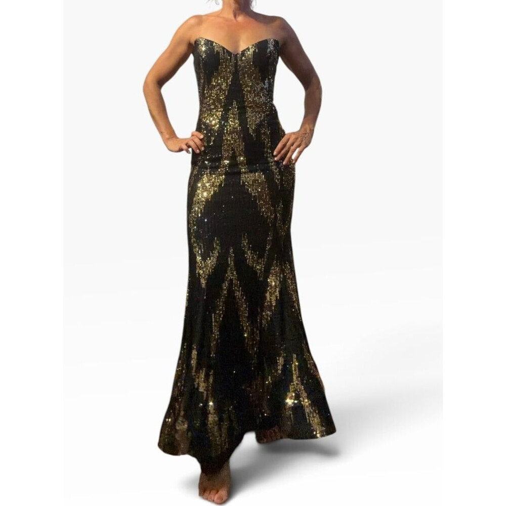Jovani Women's Black Gold Sequin boned Strapless Dress gown 4 (xs 2)